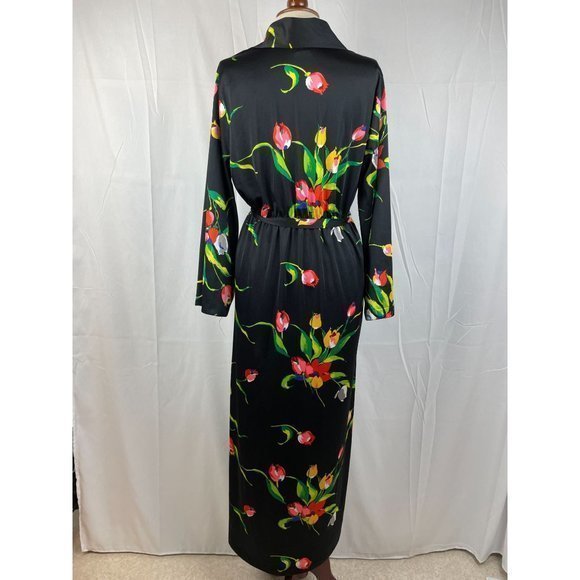 Vintage 60s 70s Komar Black Tulip‎ Floral Print Satin Polyester Robe Large - Picture 6 of 9